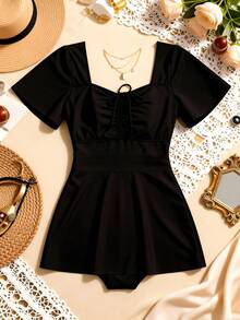 Swim Lushoire Plus Size Summer Solid Color Swim Dress With Sweetheart Neckline, Knotted Hem,Summer Beach - Black - View 8