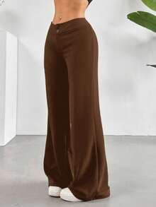 SHEIN EZwear 大码棕色休闲高腰直筒裤 - 棕色 - 查看 12