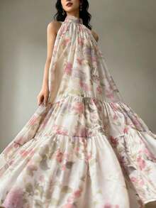 Rafferiza 女士印花吊带连衣裙，浪漫叠层拼接无袖长裙 - 杏色 - 查看 8