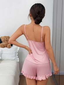 Napfluff Bộ đồ ngủ gợi cảm bằng lụa sữa, phối ren và quần short, màu trơn, dành cho nữ. - Bụi hồng - Xem 2