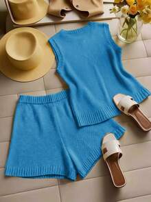 GlowEve Bộ áo len nữ kiểu dáng retro mới, cổ tròn, màu trơn, gồm áo khoác cardigan và quần short, thích hợp mặc hàng ngày, gồm 2 món. - Xanh đậm - Xem 2