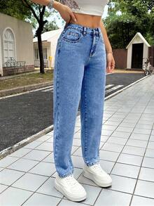 SHEIN PETITE PETITE 女款休閒修身 7/8 長度緊身牛仔褲，藍色低腰寬鬆牛仔褲，喇叭牛仔褲，小碼女款牛仔褲 - 中等水洗藍 - 查看 5