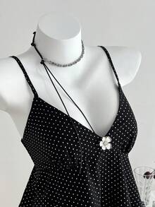 Elamini Áo hai dây kim loại viền bèo nhún bất đối xứng họa tiết trở lại trường học - màu đen - Xem 4