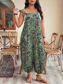 EMERY ROSE Plus Size Women's Adjustable Waist Printed Jumpsuit, Fashionable For Spring/Summer Vacation - Green - View 1