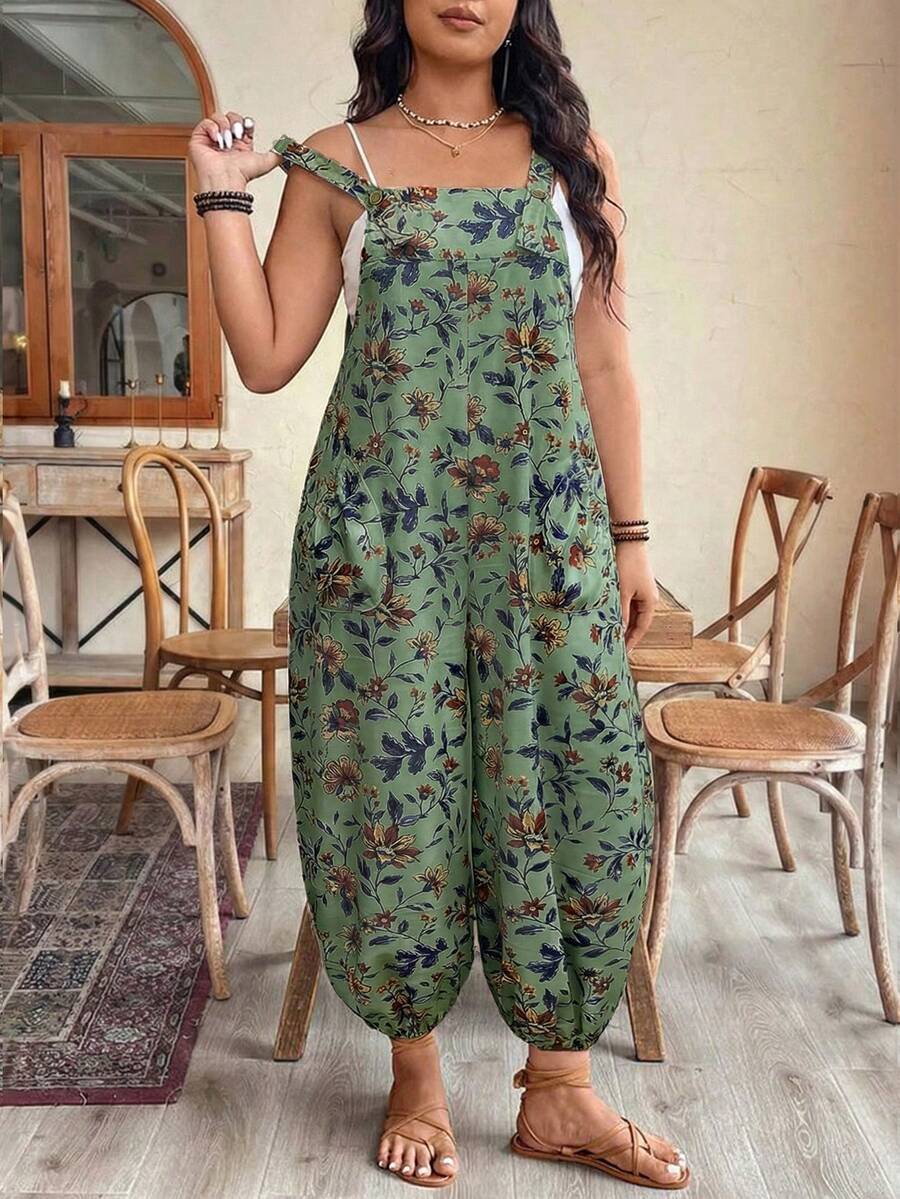 EMERY ROSE Plus Size Women's Adjustable Waist Printed Jumpsuit, Fashionable For Spring/Summer Vacation - Green - View 1