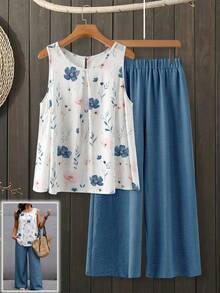 EMERY ROSE Conjunto de 2 piezas de top estampado sin mangas de cuello redondo y pantalones de pierna ancha con bolsillos, talla grande - Azul y blanco - Ver 5
