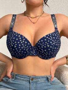 DesireSculpt 1pc Women's Heart Print Rhinestone Strap Design Padded Underwire Plus Size Bra - Navy Blue - View 5