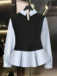SHEIN CURVE+ Camicia formale a maniche lunghe con rifiniture a volant, bottoni e blocchi di colore a contrasto, adatta per il lavoro, di alta qualità, in stile francese, per donne di taglia comoda - Multicolore - Visualizzare 2