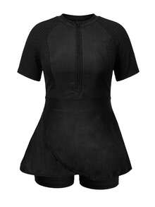 SHEIN Swim 2pcs Plus Size Women Solid Color Short Sleeve Shorts With Skirt Two Pieces Modest Swimwear For Summer Beach Vacation Vacation - Black - View 6