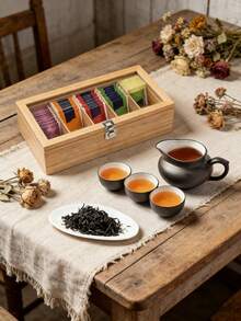 1pc Wooden Tea Bag Storage Box - Multifunctional Tea Cabinet With Shelves For Coffee And Tea Bags, Desktop Organizer Display Box - Khaki - View 3
