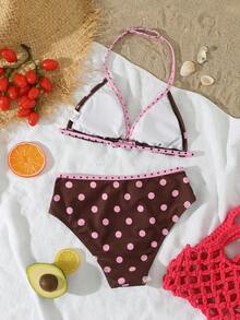 SHEIN 少女泳衣套装，杏色简约条纹花卉图案，适合海滩度假派对，春夏款 - 彩色 - 查看 2