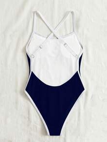 Swim SPRTY New Summer Women's Backless Criss-Cross Strap Contrast Trim Black Sexy Vacation One Piece Swimsuit - Navy Blue - View 8