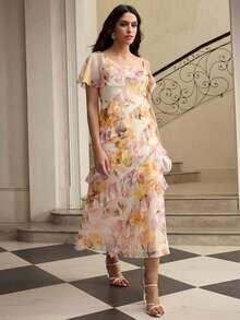 ZEYLAH Printed Asymmetric Ruffle Hem Elegant Dress - Yellow - View 1