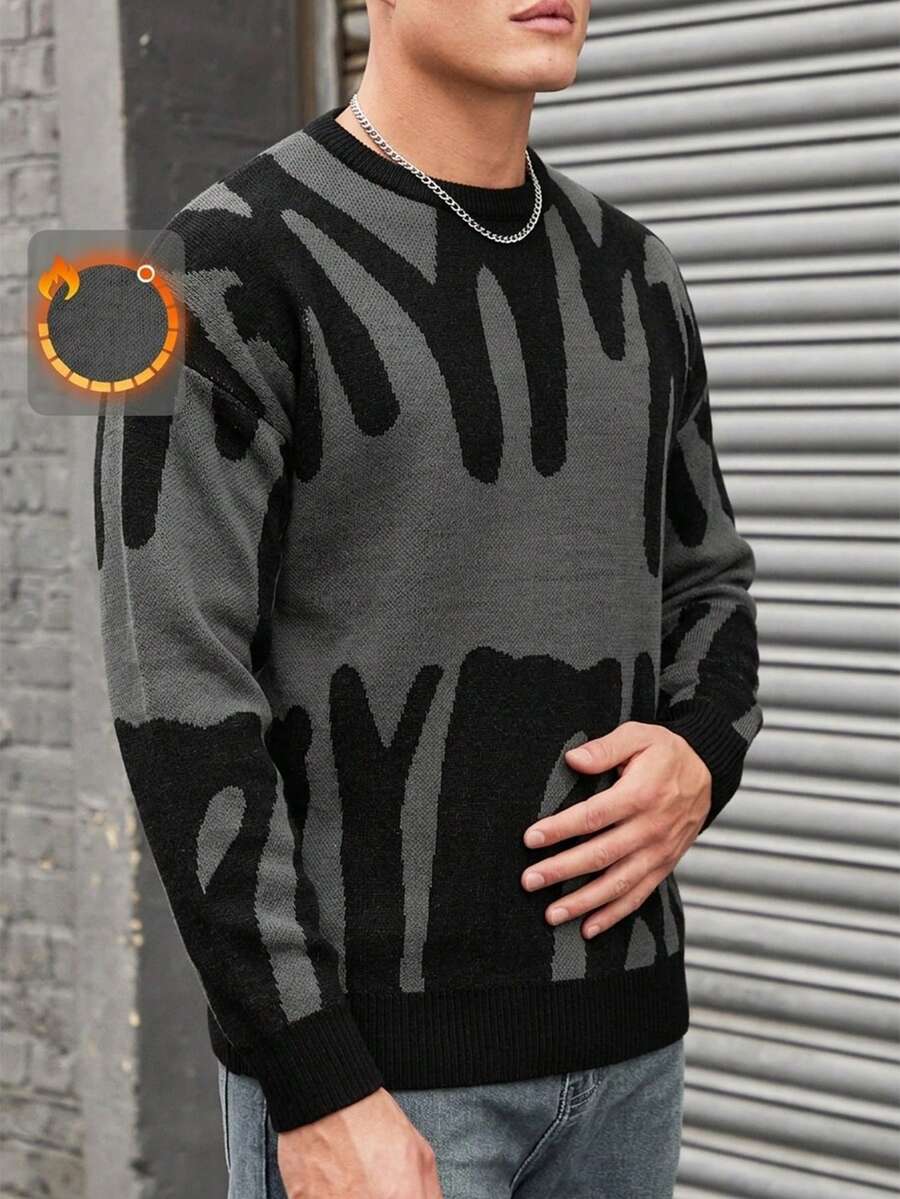 EURMUSE Men's Printed Drop Shoulder Sweater - Dark Grey - View 1