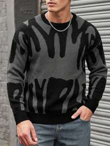 EURMUSE Men's Printed Drop Shoulder Sweater - Dark Grey - View 2