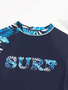 SHEIN 青少年男孩泳裝，海軍藍熱帶印花長袖比基尼套裝，字母圖案夏季海灘度假派對款，大童五線工藝 - 彩色 - 查看 6