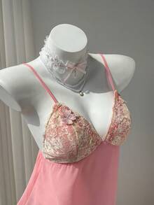 Flirla Women's Chiffon Contrast Color Lace Colorful 3D Floral Trim V-Neck Camisole, Vintage Sweet Romantic Casual Versatile For Summer Vacation Beach - Pink - View 3