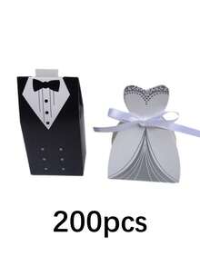 100/200pcs Wedding Dress & Tailcoat Theme Candy Box With Ribbon, Popular For Bridal Shower, Wedding Reception,Christmas - black and white - View 11