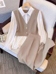 Franclia 2 piezas Conjunto de camisa con cuello + pantalones de pierna ancha para mujer, adecuado para la oficina, el trayecto y atuendos elegantes - Albaricoque - Ver 1