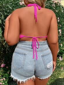 Flirla Plus Size Women Handmade Crochet Neck Tie Beach Cover Up Knitted Cover Up For Summer Beach Vacation - Hot Pink - View 2