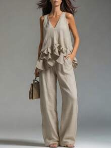 EMERY ROSE Ruffle Hem Decorated Camisole + Pants Set - Khaki - View 4