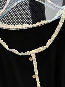 SHEIN CURVE+ Áo kiểu ren phối màu tương phản thanh lịch dành cho nữ cỡ lớn, thích hợp cho mùa hè. - màu đen - Xem 7