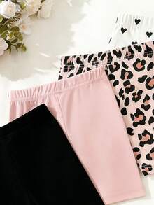 SHEIN Playful Pals 4件套女婴6个月-2-3岁休闲爱心/豹纹/纯色印花安全短裤，轻薄弹力柔软，适合日常穿着/舞蹈，春夏秋季皆宜。 - 彩色 - 查看 4