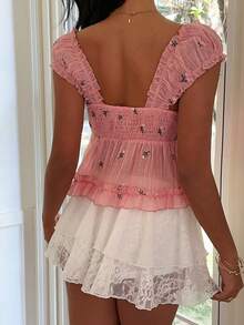 SHEIN PETITE Áo kiểu nữ màu hồng tay ngắn, ngọt ngào, dễ thương, thoải mái, thích hợp cho kỳ nghỉ, hàng ngày, thời trang, chất liệu chiffon, thêu họa tiết, phối bèo nhún, kiểu mở phía trước, thích hợp cho mùa xuân/hè. - Nhiều màu - Xem 2