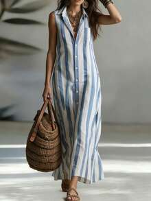 Balvessa Casual Striped Retro Vacation Sleeveless Open Front Shirt Dress, Suitable For Work And Leisure - Multicolor - View 3