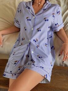 SHEIN Rosa gestreifter Kirschprint Kragen Kurzarm Shorts Damen Pyjama Set - Violett - Übersicht 6