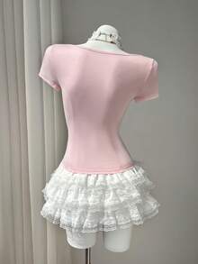 Elamini 黄色撞色荷叶边拼接心形领口收腰短袖女式连衣裙，春夏款，优雅浪漫复古可爱百搭，适合度假、外出、日常穿着。 - 粉色 - 查看 2