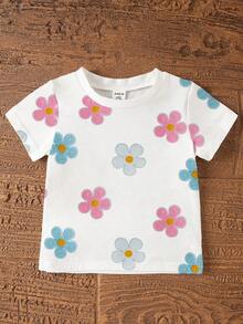 SHEIN Bộ đồ cho bé gái gồm áo thun ngắn tay cổ tròn in hoa và quần short ôm sát, kiểu dáng thời trang thoải mái, áo thun trắng và quần short hồng, thích hợp cho mùa xuân/hè. - Nhiều màu - Xem 6