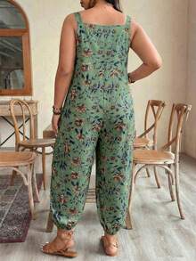 EMERY ROSE Plus Size Women's Adjustable Waist Printed Jumpsuit, Fashionable For Spring/Summer Vacation - Green - View 2