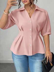 Elenzga Plus Size Women's Solid Color Fashionable Office Short Sleeve Blouse - Dusty Pink - View 1