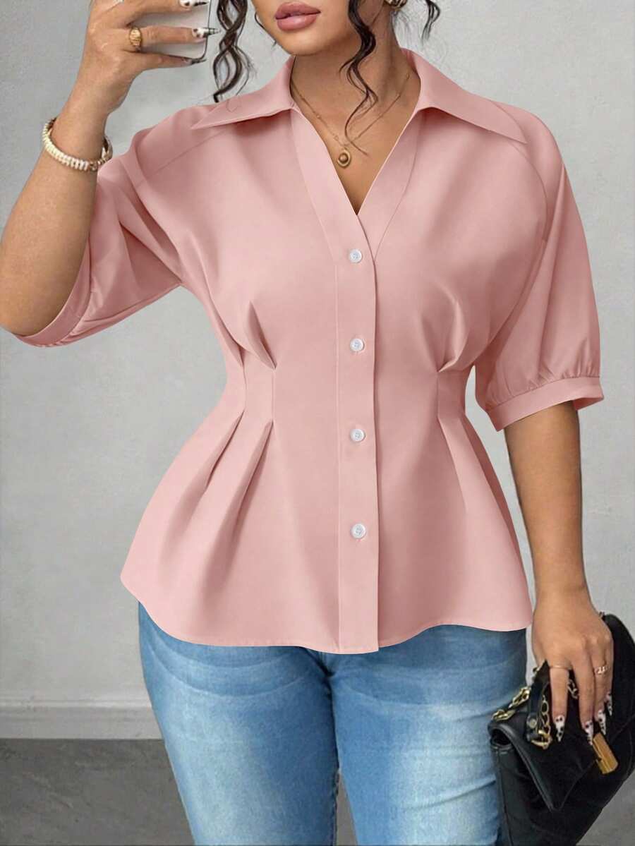 Elenzga Plus Size Women's Solid Color Fashionable Office Short Sleeve Blouse - Dusty Pink - View 1