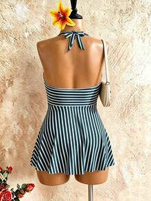 Swim Lushoire 大码女式两件套条纹印花腰部褶皱挂脖式背心泳衣，成熟简约休闲度假泳装 - 綠色 - 查看 7