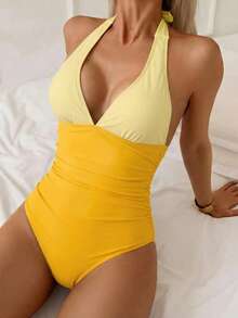 Shapewave 1 pieza Traje de baño con control de abdomen, estilo patchwork, con escote halter y espalda descubierta - Amarillo - Ver 3