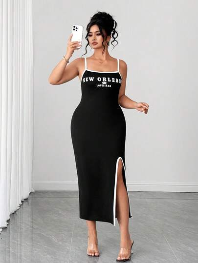 Elenzga 大码女式字母印花开衩时尚吊带连衣裙，适合日常穿着和旅行