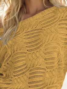 Suéter casual de mujer de cuello redondo, manga raglán, puños y bajo acanalados, con patrón calado, de ajuste holgado, nueva llegada para todas las temporadas - Amarillo Mostaza - Ver 4