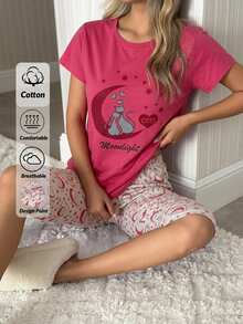Cotton Women 2 Pcs Cute Cate Printed Short Sleeve And Sontrast Colour Cat&Moon Printed Capri Bottom PJ Set - Pink - View 1