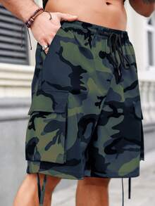 Manfinity Roughcore Plus Size Men's Camouflage Drawstring Waist Pocket Cargo Shorts, Casual Sports - Multicolor - View 7