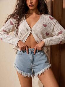 Women's Heart Pattern Single-Breasted Casual Versatile Lightweight Cardigan For Daily Wear - Beige - View 5