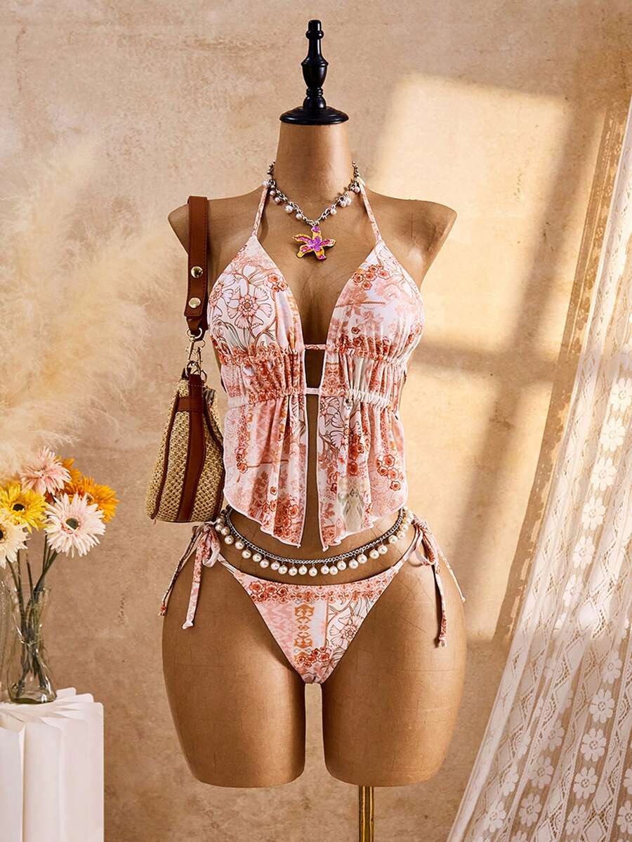 Bellisia Conjunto de bikini de dos piezas con estampado tropical lindo, cuello de halter con lazo, pantalones con lazo lateral para playa, vacaciones y fiestas casuales - Multicolor - Ver 1