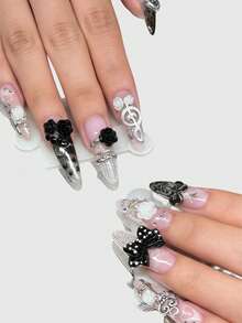 ROMWE Kawaii 可爱蕾丝边浪漫爱心芭蕾舞风格蝴蝶结白色翅膀金属音符粉色系列手工假指甲贴片，批量生产活力少女佩戴，适合日常外出和约会 - 裸色 - 查看 1