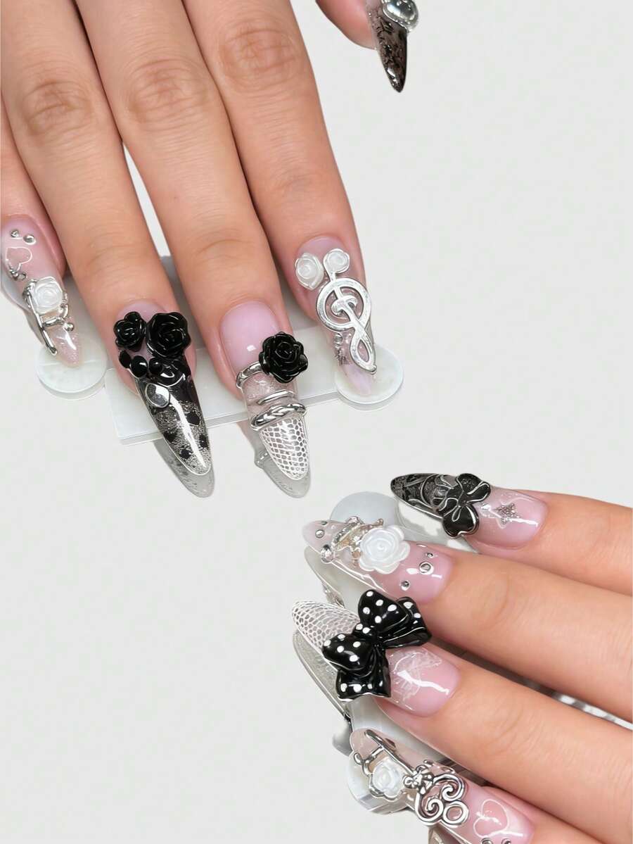 ROMWE Kawaii 可爱蕾丝边浪漫爱心芭蕾舞风格蝴蝶结白色翅膀金属音符粉色系列手工假指甲贴片，批量生产活力少女佩戴，适合日常外出和约会 - 裸色 - 查看 1