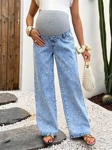 SHEIN Maternity Knit Belly Support Blue Denim Loose Straight Leg Pants Summer Carnival Costume Commuting Vacation Graduation Chic Y2k Cute Streetwear Coquette Party Wedding Elegant Business Casual Woman Business Beach Graduation Daisy Print Maternity Jeans Light Wash Denim Wide Leg For Expectant Mothers - Blue - View 4