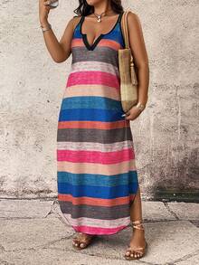 Breezaya Casual Comfortable Striped Fabric Special Shoulder Strap Design Plus Size Dress, Suitable For Spring, Summer, Autumn - Multicolor - View 6