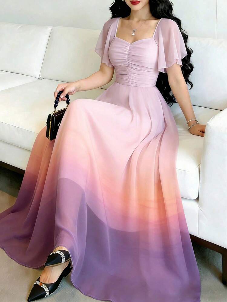 Modelyn Robe à col carré, manches courtes, avec imprimé dégradé rose, jaune, violet et volants. Robe longue élégante avec taille cintrée, parfaite pour les vacances d'été et le port quotidien - Multicolore - Voir 1