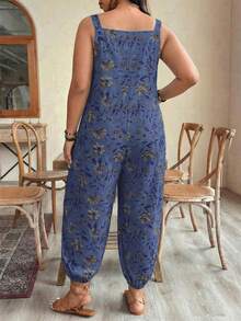 EMERY ROSE Plus Size Women's Adjustable Waist Printed Jumpsuit, Fashionable For Spring/Summer Vacation - Blue - View 2