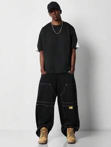 SUMWON Regular Men's Oversized Black T-Shirt With Brooklyn Letter Print Crew Neck Short Sleeve Tee - Black - View 4